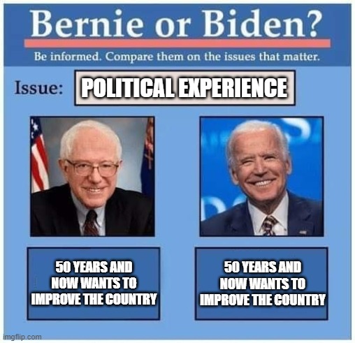Bernie or Biden | POLITICAL EXPERIENCE; 50 YEARS AND NOW WANTS TO IMPROVE THE COUNTRY; 50 YEARS AND NOW WANTS TO IMPROVE THE COUNTRY | image tagged in bernie or biden,president,democrats | made w/ Imgflip meme maker