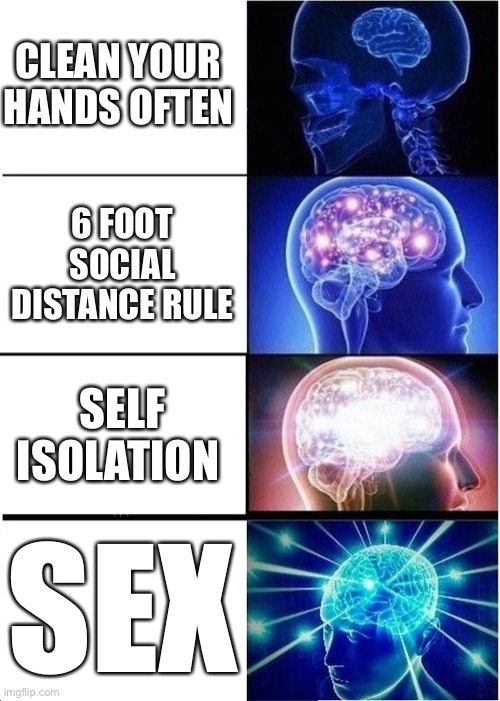 Expanding Brain Meme | CLEAN YOUR HANDS OFTEN; 6 FOOT SOCIAL DISTANCE RULE; SELF ISOLATION; SEX | image tagged in memes,expanding brain | made w/ Imgflip meme maker