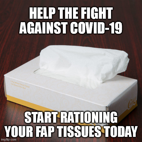 HELP THE FIGHT AGAINST COVID-19; START RATIONING YOUR FAP TISSUES TODAY | image tagged in coronavirus,covid-19,covid19,tissue,toilet paper | made w/ Imgflip meme maker