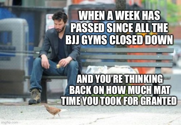 Sad Keanu Meme | WHEN A WEEK HAS PASSED SINCE ALL THE BJJ GYMS CLOSED DOWN; AND YOU’RE THINKING BACK ON HOW MUCH MAT TIME YOU TOOK FOR GRANTED | image tagged in memes,sad keanu | made w/ Imgflip meme maker