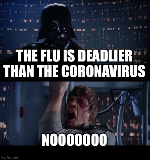 Star Wars No Meme | THE FLU IS DEADLIER THAN THE CORONAVIRUS; NOOOOOOO | image tagged in memes,star wars no | made w/ Imgflip meme maker