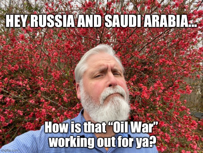 Oil War | HEY RUSSIA AND SAUDI ARABIA... How is that “Oil War” 
working out for ya? | image tagged in oil,oil war,russia,saudi arabia,gas | made w/ Imgflip meme maker