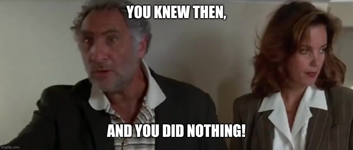 You knew then, and you did nothing | YOU KNEW THEN, AND YOU DID NOTHING! | image tagged in independence day,judd hirsch | made w/ Imgflip meme maker