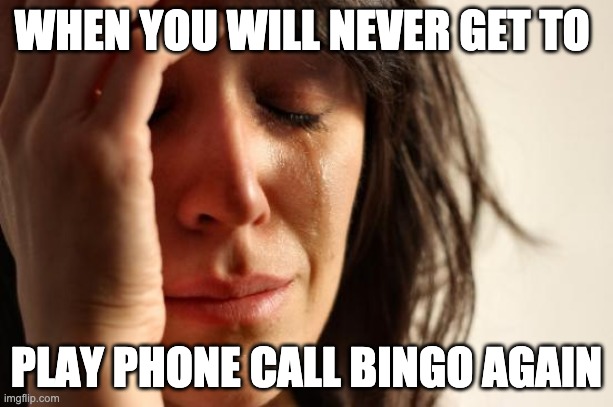 First World Problems Meme | WHEN YOU WILL NEVER GET TO; PLAY PHONE CALL BINGO AGAIN | image tagged in memes,first world problems | made w/ Imgflip meme maker
