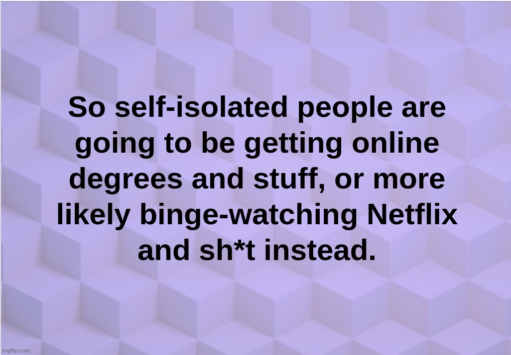 So self-isolated people are going to be getting online degrees and stuff, or more likely binge-watching Netflix and sh*t instead | image tagged in self,isolated,coronavirus,netflix,online,degrees | made w/ Imgflip meme maker