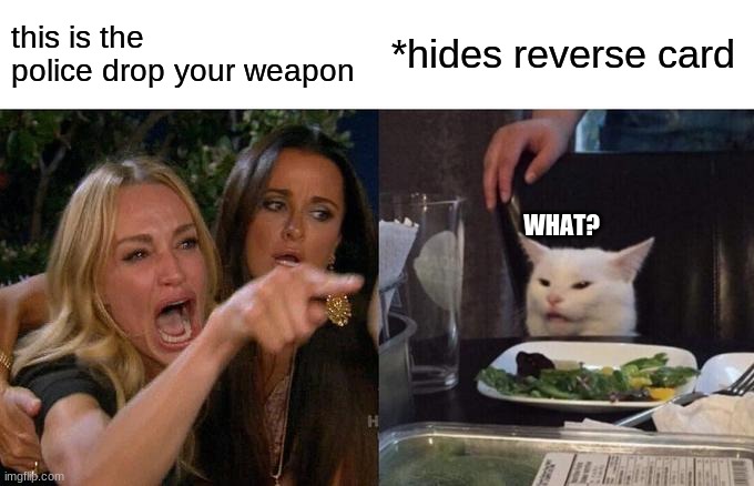 Woman Yelling At Cat Meme | this is the police drop your weapon; *hides reverse card; WHAT? | image tagged in memes,woman yelling at cat | made w/ Imgflip meme maker