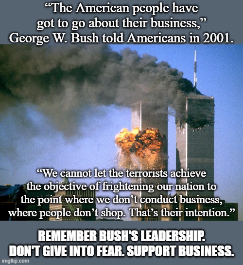 We weren't scared then. Why are we scared now? | “The American people have got to go about their business,” George W. Bush told Americans in 2001. “We cannot let the terrorists achieve the objective of frightening our nation to the point where we don’t conduct business, where people don’t shop. That’s their intention.”; REMEMBER BUSH'S LEADERSHIP. DON'T GIVE INTO FEAR. SUPPORT BUSINESS. | image tagged in 911 9/11 twin towers impact,coronavirus,covid-19,business,george w bush,freedom | made w/ Imgflip meme maker