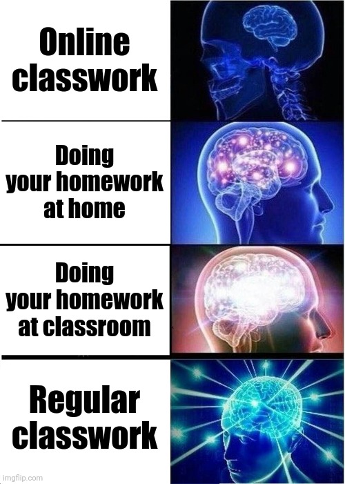 Online classwork is way worse than homework | Online classwork; Doing your homework at home; Doing your homework at classroom; Regular classwork | image tagged in memes,expanding brain | made w/ Imgflip meme maker