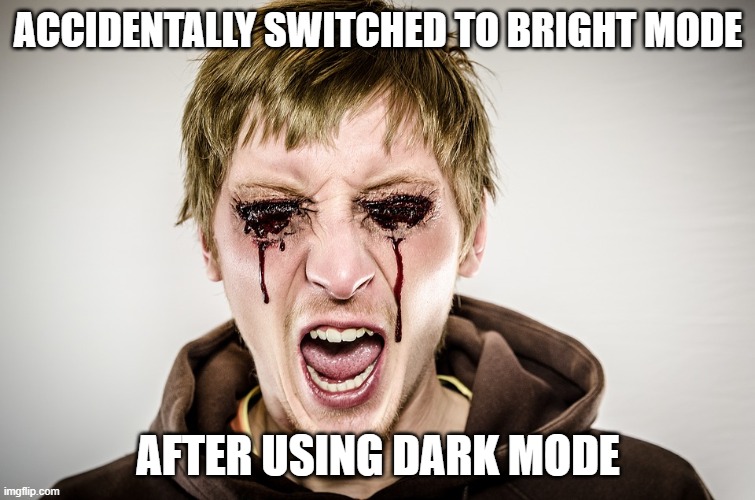 Dark Mode | ACCIDENTALLY SWITCHED TO BRIGHT MODE; AFTER USING DARK MODE | image tagged in funny | made w/ Imgflip meme maker