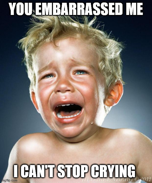 crying child | YOU EMBARRASSED ME I CAN'T STOP CRYING | image tagged in crying child | made w/ Imgflip meme maker