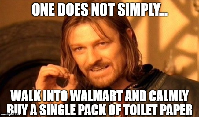 The Fellowship of the Roll | ONE DOES NOT SIMPLY... WALK INTO WALMART AND CALMLY BUY A SINGLE PACK OF TOILET PAPER | image tagged in memes,one does not simply,boromir,coronavirus,no more toilet paper,toilet paper | made w/ Imgflip meme maker