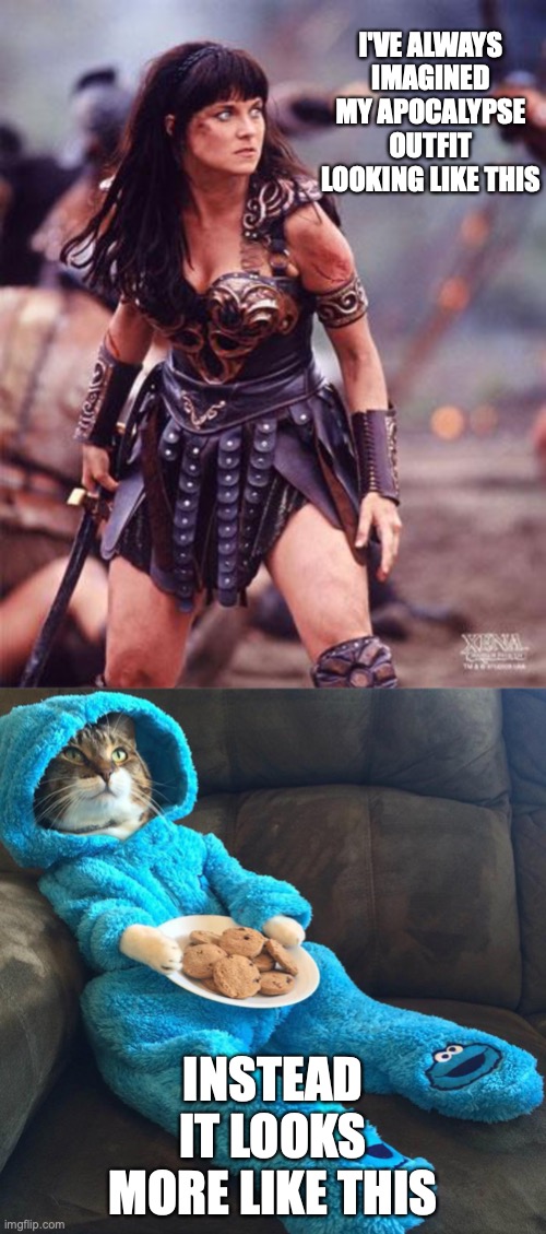 I'VE ALWAYS IMAGINED MY APOCALYPSE OUTFIT LOOKING LIKE THIS; INSTEAD IT LOOKS MORE LIKE THIS | image tagged in xena angry,cat's pajamas | made w/ Imgflip meme maker