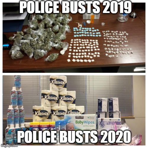 POLICE BUSTS 2019; POLICE BUSTS 2020 | image tagged in coronavirus | made w/ Imgflip meme maker