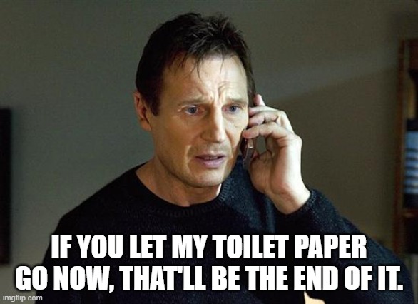 Liam Neeson Taken 2 Meme | IF YOU LET MY TOILET PAPER GO NOW, THAT'LL BE THE END OF IT. | image tagged in memes,liam neeson taken 2 | made w/ Imgflip meme maker