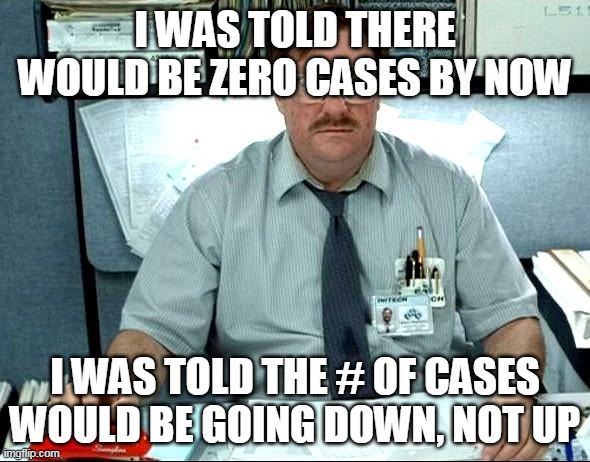 I Was Told There Would Be | I WAS TOLD THERE WOULD BE ZERO CASES BY NOW; I WAS TOLD THE # OF CASES WOULD BE GOING DOWN, NOT UP | image tagged in memes,i was told there would be | made w/ Imgflip meme maker