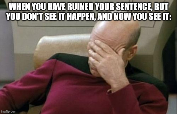 Captain Picard Facepalm Meme | WHEN YOU HAVE RUINED YOUR SENTENCE, BUT YOU DON'T SEE IT HAPPEN, AND NOW YOU SEE IT: | image tagged in memes,captain picard facepalm | made w/ Imgflip meme maker