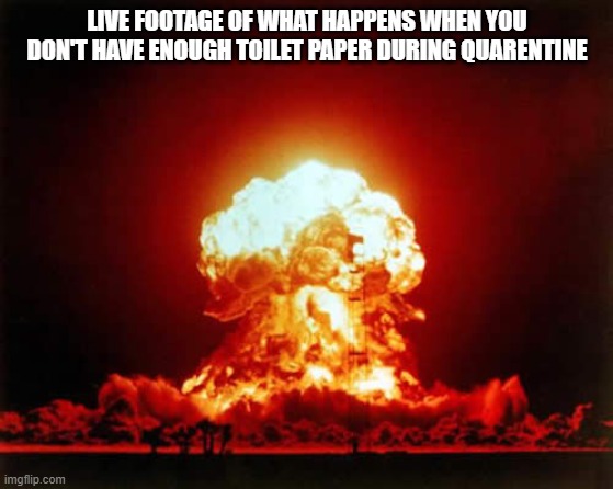 Nuclear Explosion Meme | LIVE FOOTAGE OF WHAT HAPPENS WHEN YOU DON'T HAVE ENOUGH TOILET PAPER DURING QUARENTINE | image tagged in memes,nuclear explosion | made w/ Imgflip meme maker