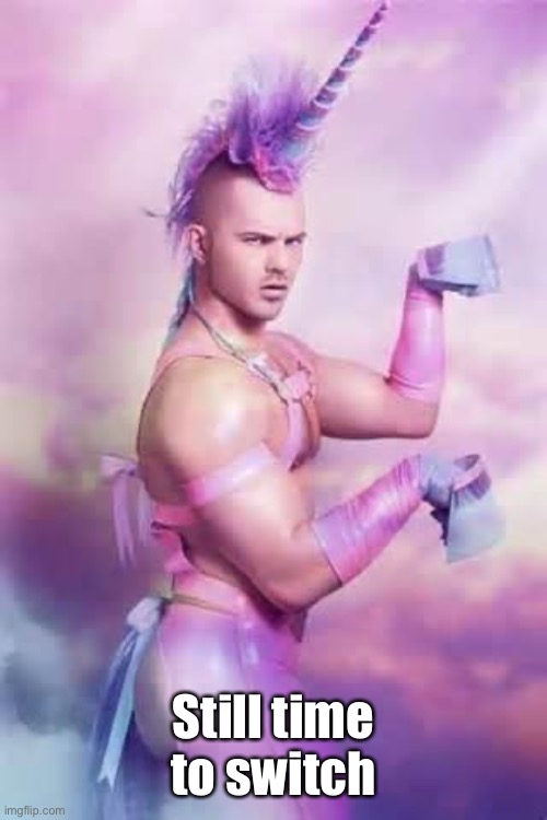 Gay Unicorn | Still time to switch | image tagged in gay unicorn | made w/ Imgflip meme maker