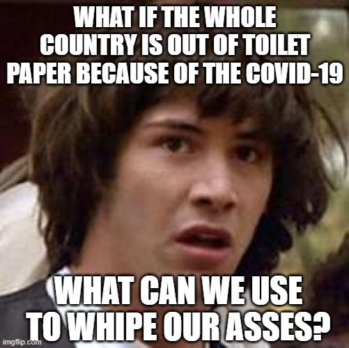 Conspiracy Keanu Meme | WHAT IF THE WHOLE COUNTRY IS OUT OF TOILET PAPER BECAUSE OF THE COVID-19; WHAT CAN WE USE TO WHIPE OUR ASSES? | image tagged in memes,conspiracy keanu | made w/ Imgflip meme maker