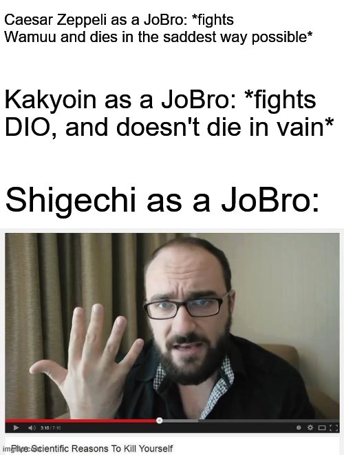 Straight Facts, People | Caesar Zeppeli as a JoBro: *fights Wamuu and dies in the saddest way possible*; Kakyoin as a JoBro: *fights DIO, and doesn't die in vain*; Shigechi as a JoBro: | image tagged in vsauce edits,memes,jojo's bizarre adventure,caesar zeppeli,noriaki kakyoin,shigechi | made w/ Imgflip meme maker