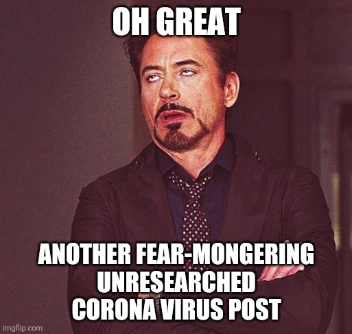 Sick With It | OH GREAT; ANOTHER FEAR-MONGERING
UNRESEARCHED
CORONA VIRUS POST | image tagged in robert downey jr annoyed,coronavirus,2020,viruss,memes,for fuck sakes | made w/ Imgflip meme maker
