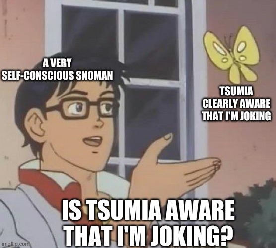 is this butterfly | A VERY SELF-CONSCIOUS SNOMAN; TSUMIA CLEARLY AWARE THAT I'M JOKING; IS TSUMIA AWARE THAT I'M JOKING? | image tagged in is this butterfly | made w/ Imgflip meme maker