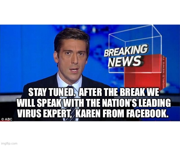 newscast | STAY TUNED.  AFTER THE BREAK WE WILL SPEAK WITH THE NATION’S LEADING VIRUS EXPERT,  KAREN FROM FACEBOOK. | image tagged in newscast | made w/ Imgflip meme maker