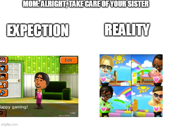 Blank White Template | MOM: ALRIGHT, TAKE CARE OF YOUR SISTER; EXPECTION; REALITY | image tagged in blank white template | made w/ Imgflip meme maker