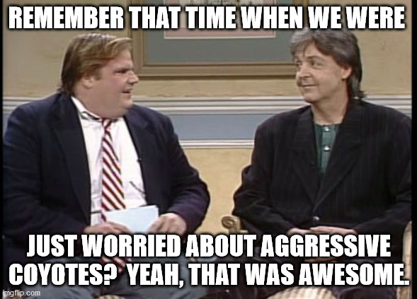 Chris Farley Show | REMEMBER THAT TIME WHEN WE WERE; JUST WORRIED ABOUT AGGRESSIVE COYOTES?  YEAH, THAT WAS AWESOME. | image tagged in chris farley show | made w/ Imgflip meme maker
