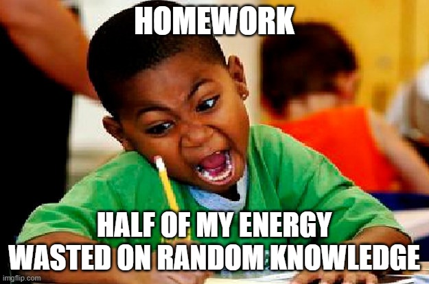 homework | HOMEWORK; HALF OF MY ENERGY WASTED ON RANDOM KNOWLEDGE | image tagged in homework | made w/ Imgflip meme maker
