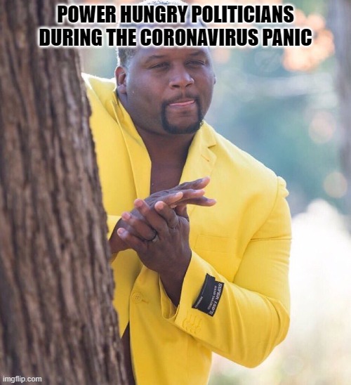 Coronapocalypse | POWER HUNGRY POLITICIANS DURING THE CORONAVIRUS PANIC | image tagged in black guy hiding behind tree,coronavirus,crisis,political meme,politicians,police state | made w/ Imgflip meme maker