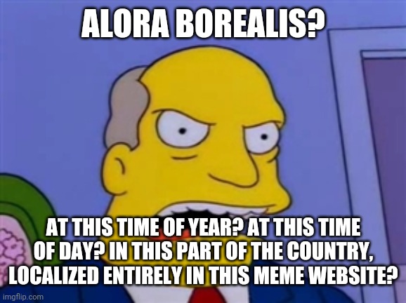 Superintendent Chalmers | ALORA BOREALIS? AT THIS TIME OF YEAR? AT THIS TIME OF DAY? IN THIS PART OF THE COUNTRY, LOCALIZED ENTIRELY IN THIS MEME WEBSITE? | image tagged in superintendent chalmers | made w/ Imgflip meme maker