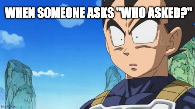 Surprized Vegeta |  WHEN SOMEONE ASKS "WHO ASKED?" | image tagged in memes,surprized vegeta | made w/ Imgflip meme maker