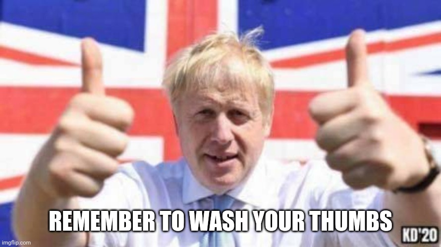 Sage advice |  REMEMBER TO WASH YOUR THUMBS | image tagged in boris johnson,twat | made w/ Imgflip meme maker