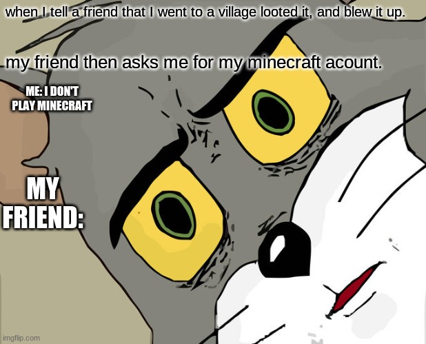 Unsettled Tom | when I tell a friend that I went to a village looted it, and blew it up. my friend then asks me for my minecraft acount. ME: I DON'T PLAY MINECRAFT; MY FRIEND: | image tagged in memes,unsettled tom | made w/ Imgflip meme maker