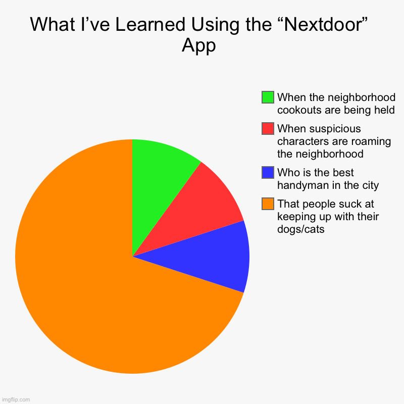 What I’ve Learned Using the “Nextdoor” App | That people suck at keeping up with their dogs/cats, Who is the best handyman in the city, When | image tagged in charts,pie charts | made w/ Imgflip chart maker