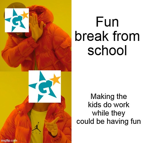 Drake Hotline Bling | Fun break from school; Making the kids do work while they could be having fun | image tagged in memes,drake hotline bling | made w/ Imgflip meme maker