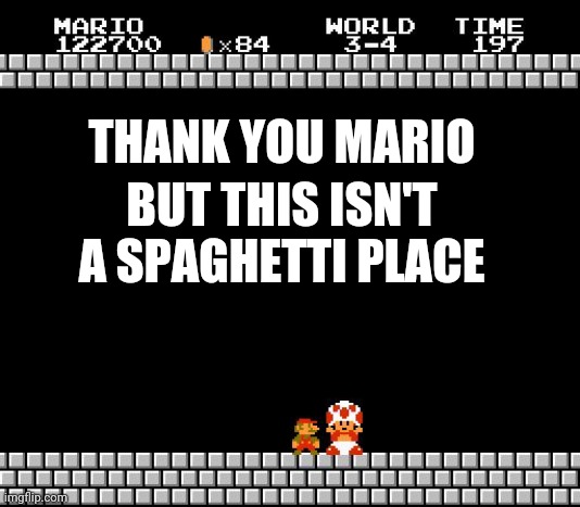 Thank You Mario | THANK YOU MARIO; BUT THIS ISN'T A SPAGHETTI PLACE | image tagged in thank you mario | made w/ Imgflip meme maker