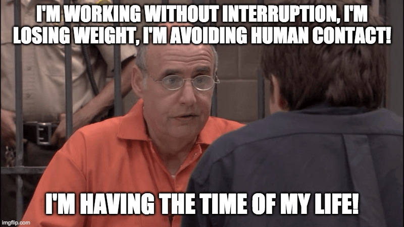 George Bluth In Jail | I'M WORKING WITHOUT INTERRUPTION, I'M LOSING WEIGHT, I'M AVOIDING HUMAN CONTACT! I'M HAVING THE TIME OF MY LIFE! | image tagged in george bluth in jail | made w/ Imgflip meme maker