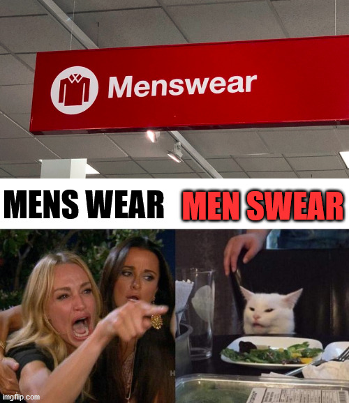 MEN SWEAR; MENS WEAR | image tagged in memes,woman yelling at cat | made w/ Imgflip meme maker