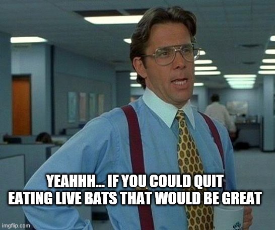 yep | YEAHHH... IF YOU COULD QUIT EATING LIVE BATS THAT WOULD BE GREAT | image tagged in that would be great,coronavirus,china | made w/ Imgflip meme maker