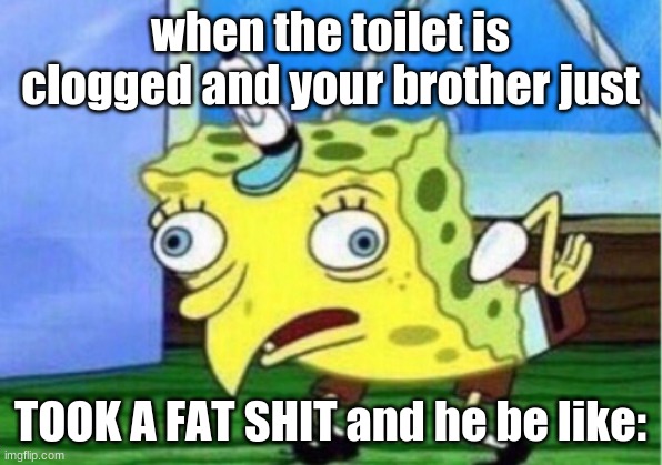 Mocking Spongebob Meme | when the toilet is clogged and your brother just; TOOK A FAT SHIT and he be like: | image tagged in memes,mocking spongebob | made w/ Imgflip meme maker