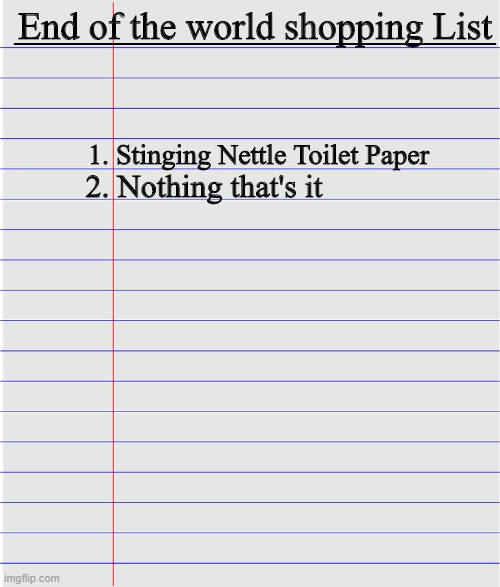Panic Buyers need this | End of the world shopping List; _____________________________________; 1. Stinging Nettle Toilet Paper; 2. Nothing that's it | image tagged in panic,buying,covid-19,covid19,toilet paper | made w/ Imgflip meme maker