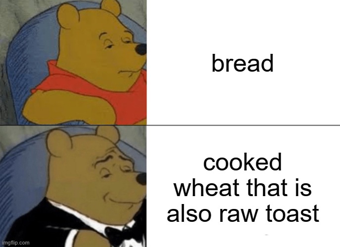 Tuxedo Winnie The Pooh Meme | bread; cooked wheat that is also raw toast | image tagged in memes,tuxedo winnie the pooh | made w/ Imgflip meme maker