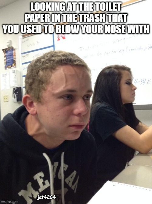 Hold fart | LOOKING AT THE TOILET PAPER IN THE TRASH THAT YOU USED TO BLOW YOUR NOSE WITH; jat4264 | image tagged in hold fart | made w/ Imgflip meme maker