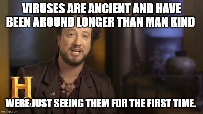 VIRUSES ARE ANCIENT AND HAVE BEEN AROUND LONGER THAN MAN KIND; WERE JUST SEEING THEM FOR THE FIRST TIME. | image tagged in ancient aliens | made w/ Imgflip meme maker