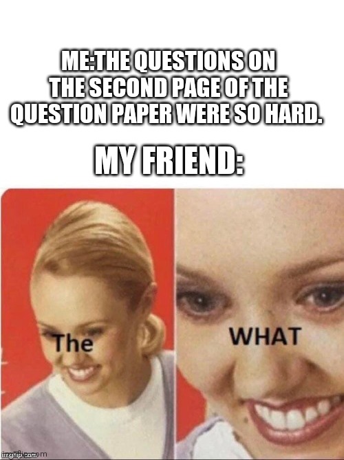 The What lady | ME:THE QUESTIONS ON THE SECOND PAGE OF THE QUESTION PAPER WERE SO HARD. MY FRIEND: | image tagged in the what lady | made w/ Imgflip meme maker