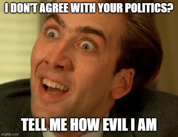 nic cage | I DON'T AGREE WITH YOUR POLITICS? TELL ME HOW EVIL I AM | image tagged in nic cage,sarcasm,sarcastic,nicholas cage | made w/ Imgflip meme maker