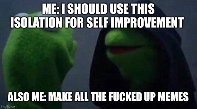 Make the memes | ME: I SHOULD USE THIS ISOLATION FOR SELF IMPROVEMENT; ALSO ME: MAKE ALL THE FUCKED UP MEMES | image tagged in keemit,me also me,make all the memes,dark humor | made w/ Imgflip meme maker