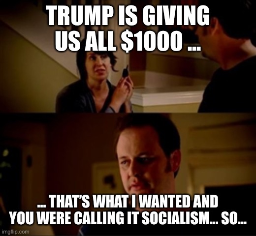 Jake from state farm | TRUMP IS GIVING US ALL $1000 ... ... THAT’S WHAT I WANTED AND YOU WERE CALLING IT SOCIALISM... SO... | image tagged in jake from state farm | made w/ Imgflip meme maker